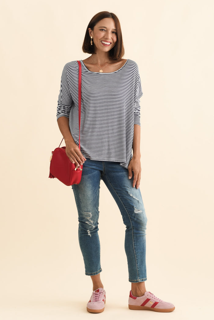 Navy and White Stripe Milan 3/4 Sleeve Top,Brunette model,alt text|model:Cara