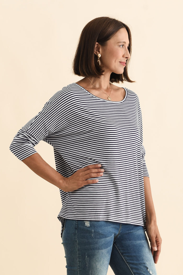 Navy and White Stripe Milan 3/4 Sleeve Top,Brunette model,alt text|model:Cara