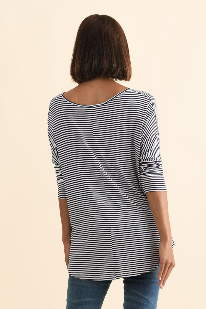 Navy and White Stripe Milan 3/4 Sleeve Top,Brunette model,alt text|model:Cara