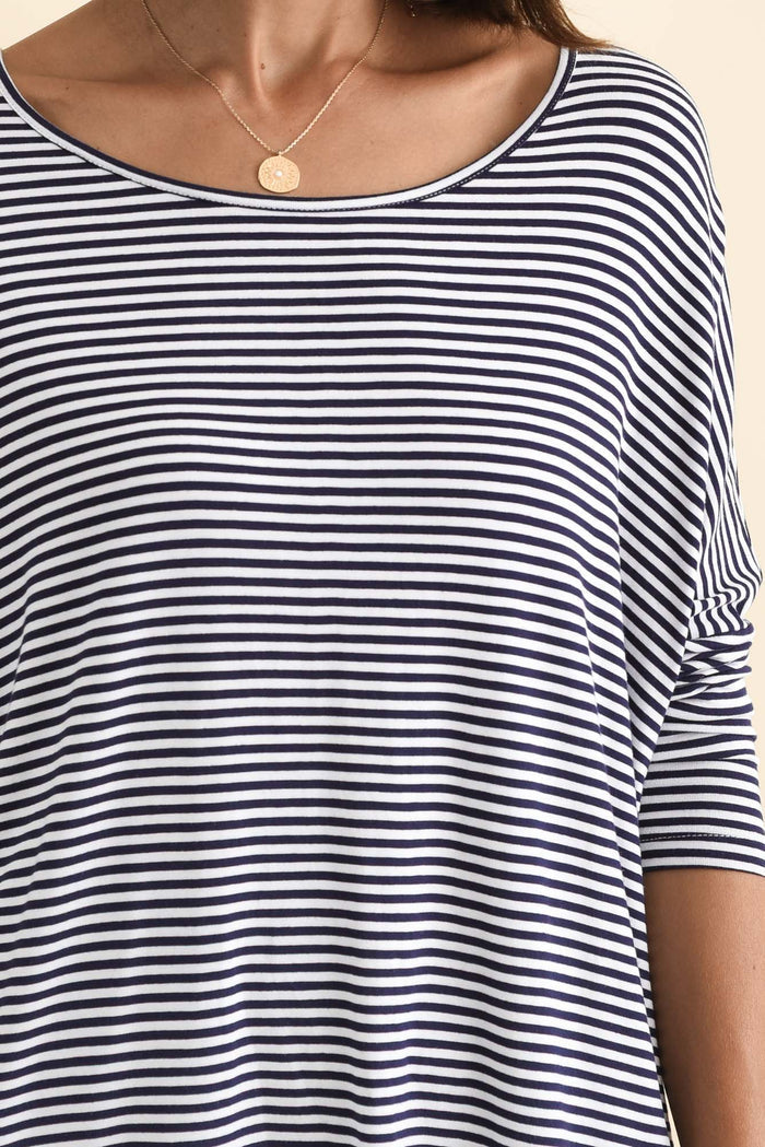 Navy and White Stripe Milan 3/4 Sleeve Top,Brunette model,alt text|model:Cara