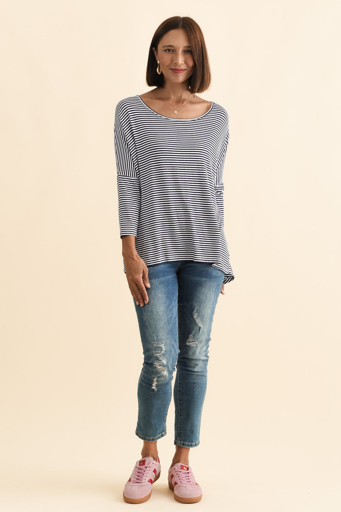 Navy and White Stripe Milan 3/4 Sleeve Top,Brunette model,alt text|model:Cara