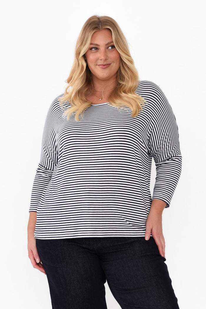 Navy and White Stripe Milan 3/4 Sleeve Top,Blonde model,plus-size,curve-basics,curve-tops,plus-size-sleeved-tops,plus-size-basic-tops,alt text|model:Caitlin