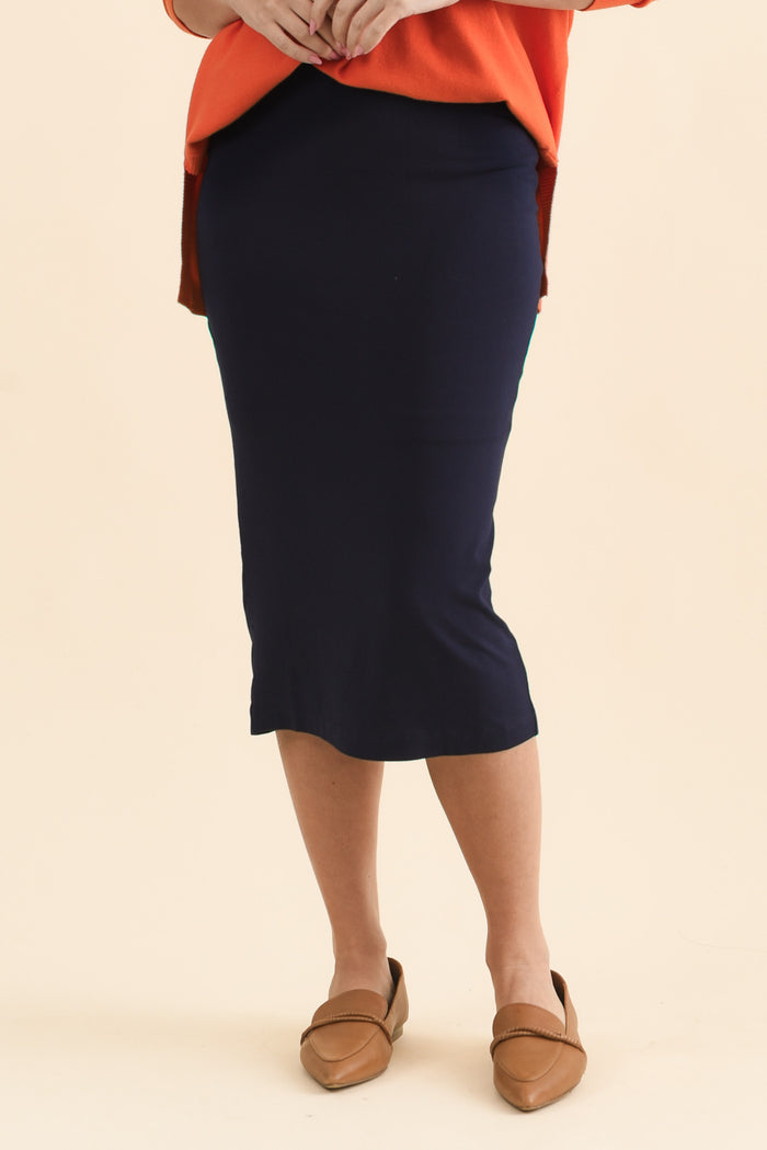 Navy Bamboo Maxi Tube Skirt,Front,Brunette model,alt text|model:MJ