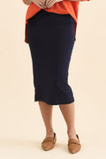 Navy Bamboo Maxi Tube Skirt,Front,Brunette model,alt text|model:MJ