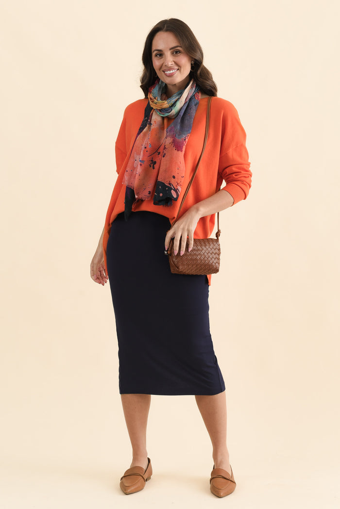 Navy Bamboo Maxi Tube Skirt,Full Body,Brunette model,alt text|model:MJ