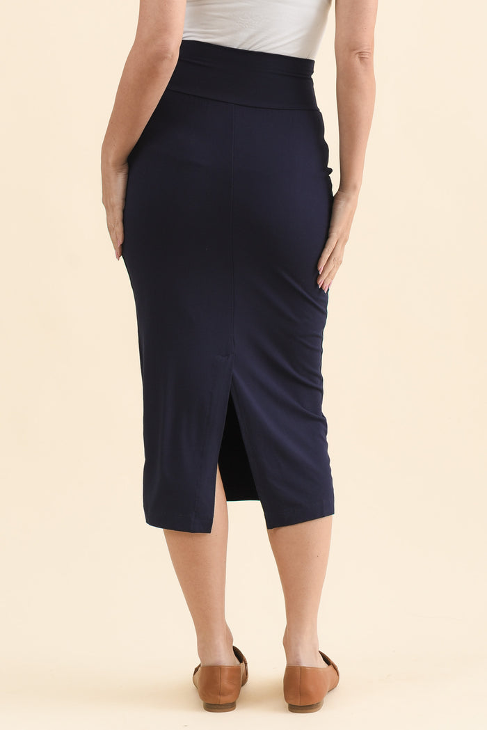 Navy Bamboo Maxi Tube Skirt,Back,Brunette model,alt text|model:MJ