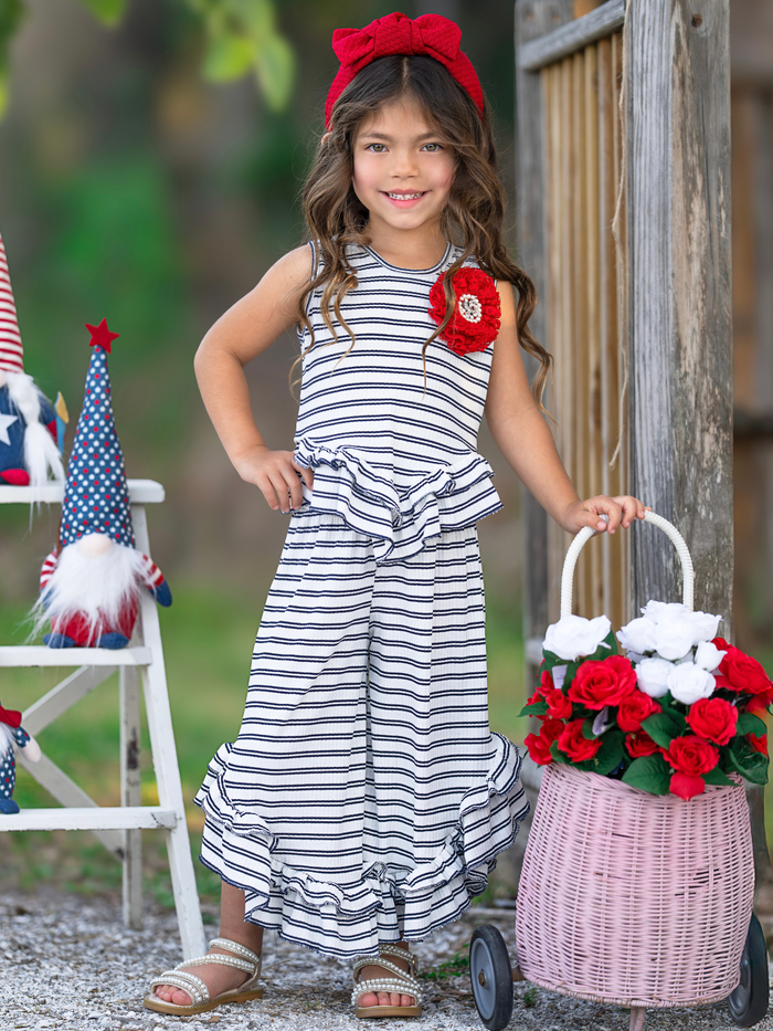 Navy Chic Stripe Top and Ruffle Pant Set