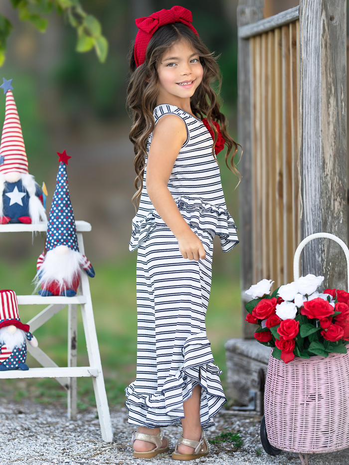 Navy Chic Stripe Top and Ruffle Pant Set