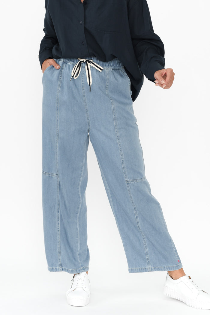 Neve Light Blue Lyocell Drawstring Pants,Brunette model,alt text|model:Danielle