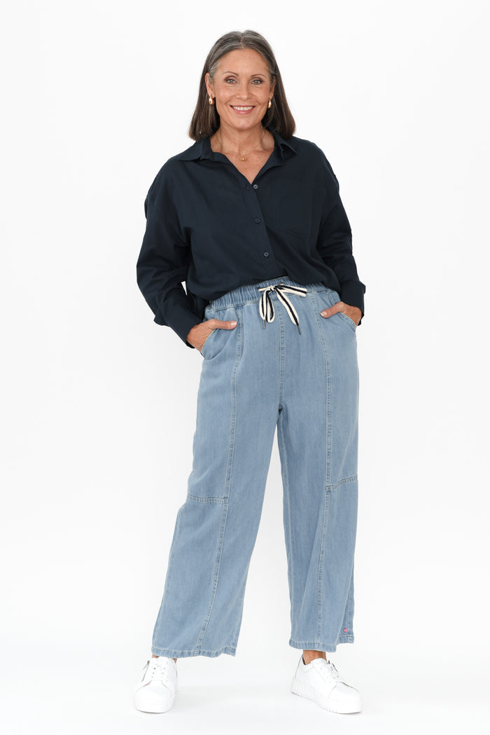 Neve Light Blue Lyocell Drawstring Pants,Brunette model,alt text|model:Danielle