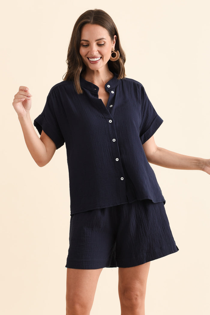 Nicoline Navy Cotton Button Top,Brunette model,alt text|model:MJ