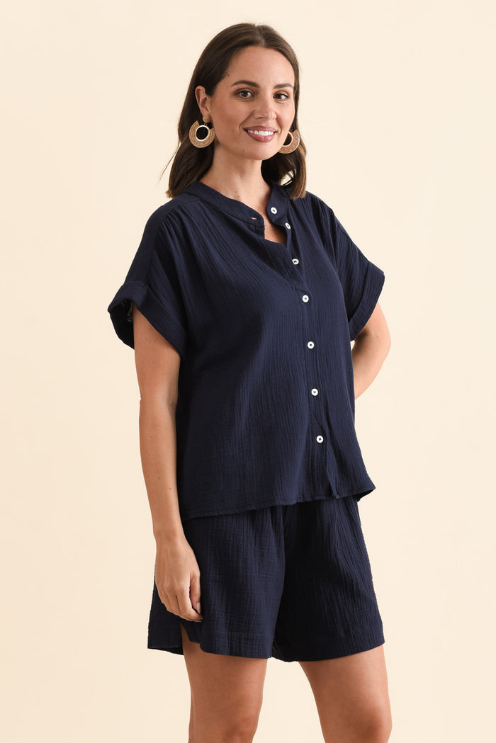 Nicoline Navy Cotton Button Top,Brunette model,alt text|model:MJ