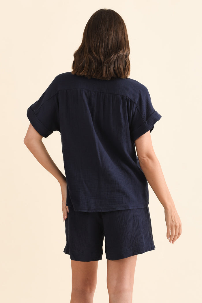 Nicoline Navy Cotton Button Top,Brunette model,alt text|model:MJ