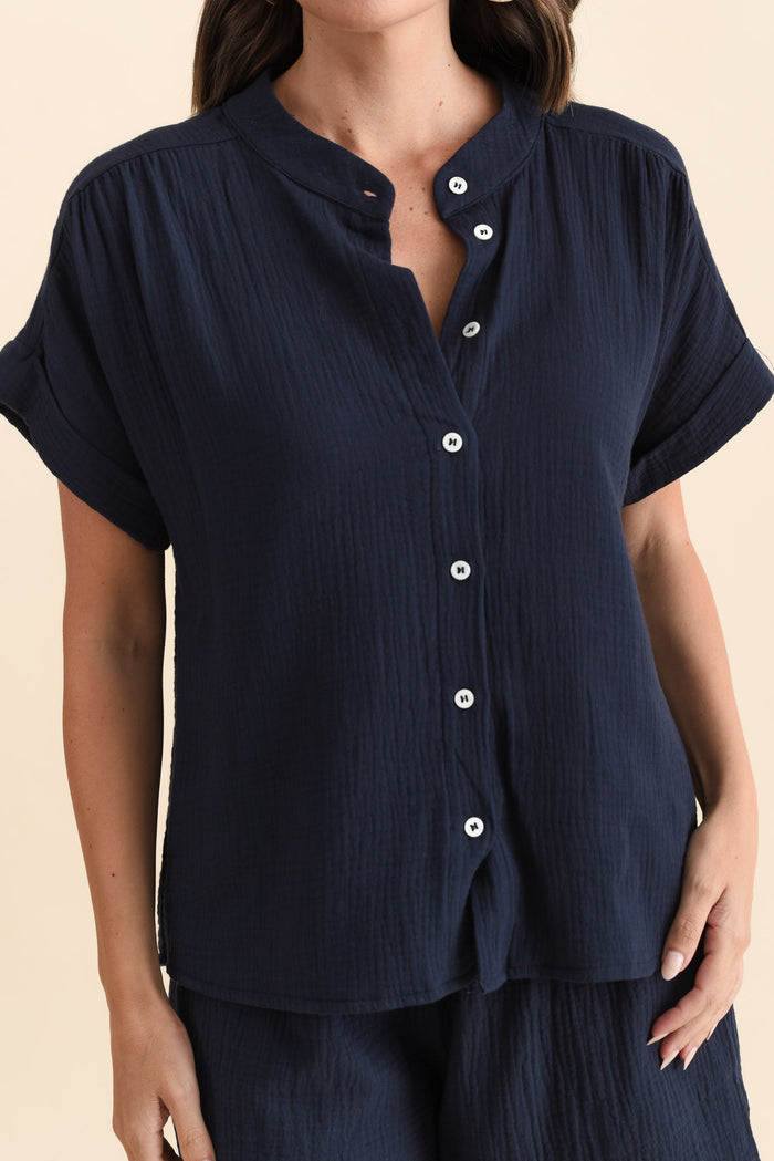 Nicoline Navy Cotton Button Top,Brunette model,alt text|model:MJ