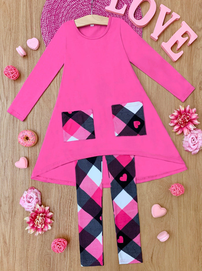 Mia Belle Girls Hi-Lo Tunic &  Plaid Legging Set | Valentine's Sets