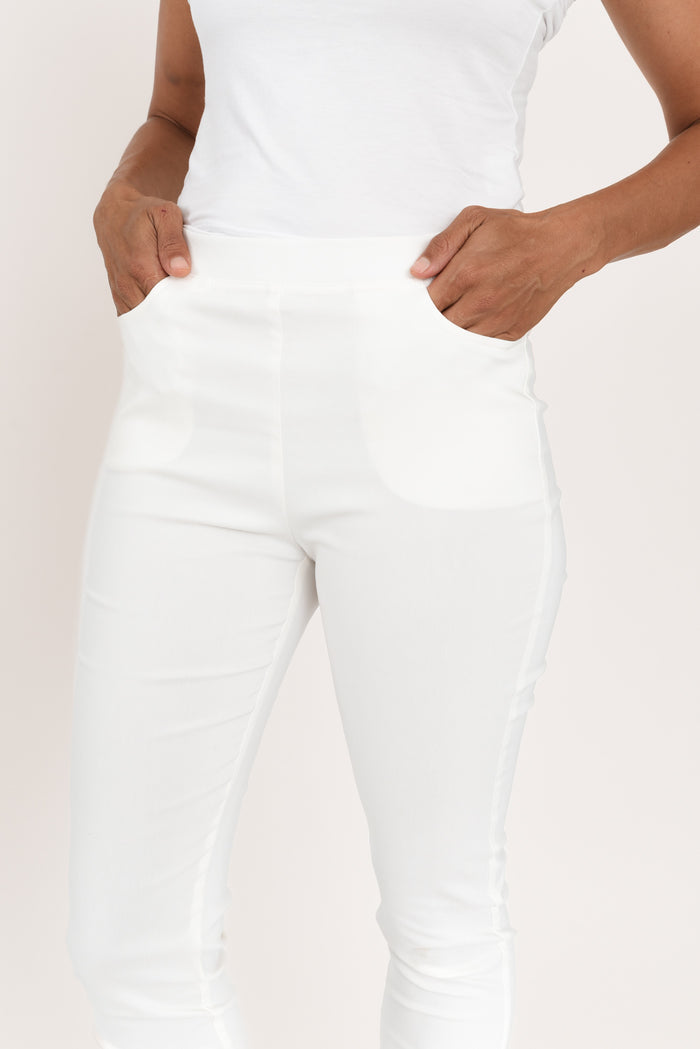 Nora White Stretch 7/8 Pants,Brunette model,alt text|model:Cara