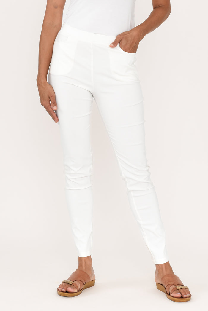 Nora White Stretch Pants,Brunette model,alt text|model:Cara
