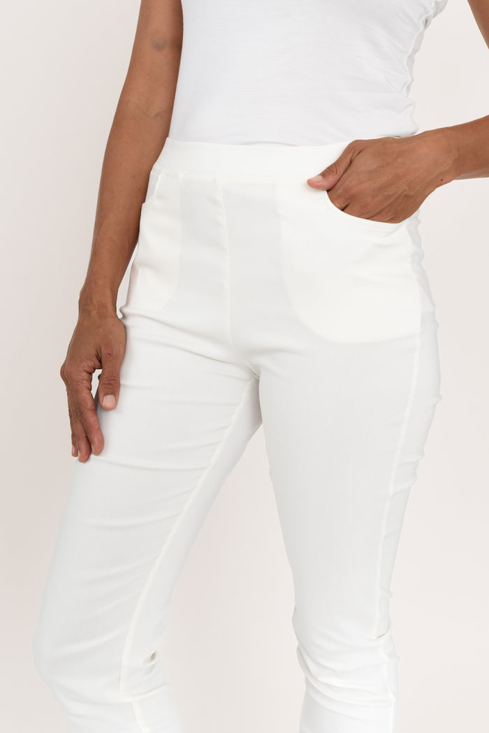 Nora White Stretch Pants,Brunette model,alt text|model:Cara