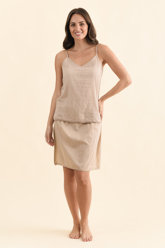 Nude Cotton Slip Skirt,Brunette model,alt text|model:MJ