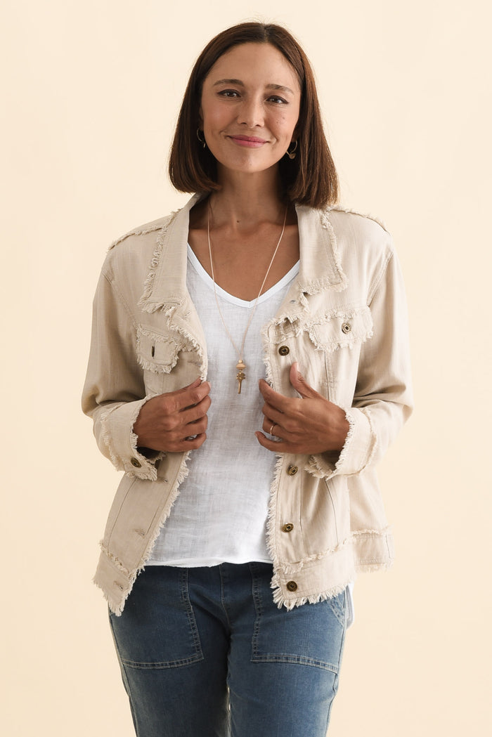 Oakley Beige Linen Frayed Jacket,Brunette model,alt text|model:Cara