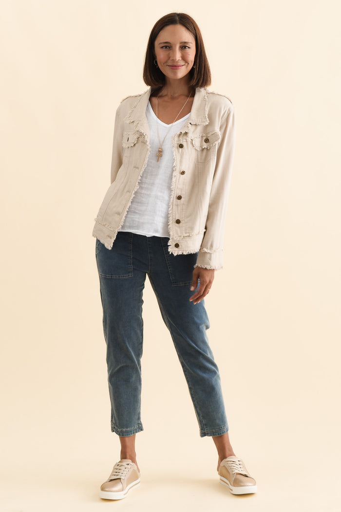 Oakley Beige Linen Frayed Jacket,Brunette model,alt text|model:Cara