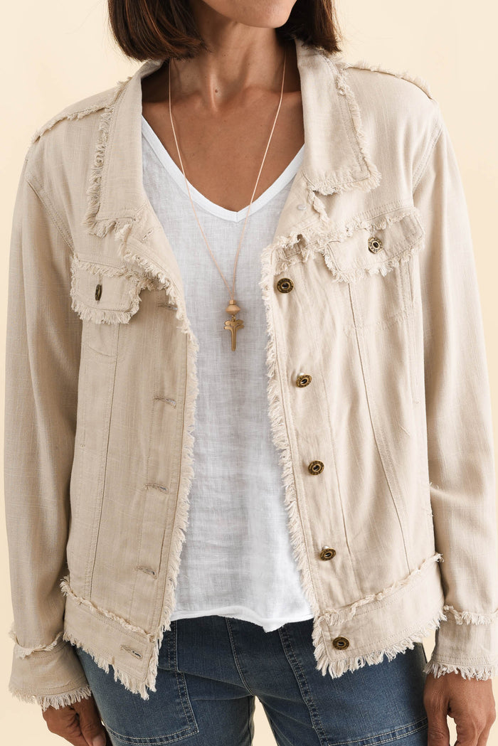 Oakley Beige Linen Frayed Jacket,Brunette model,alt text|model:Cara