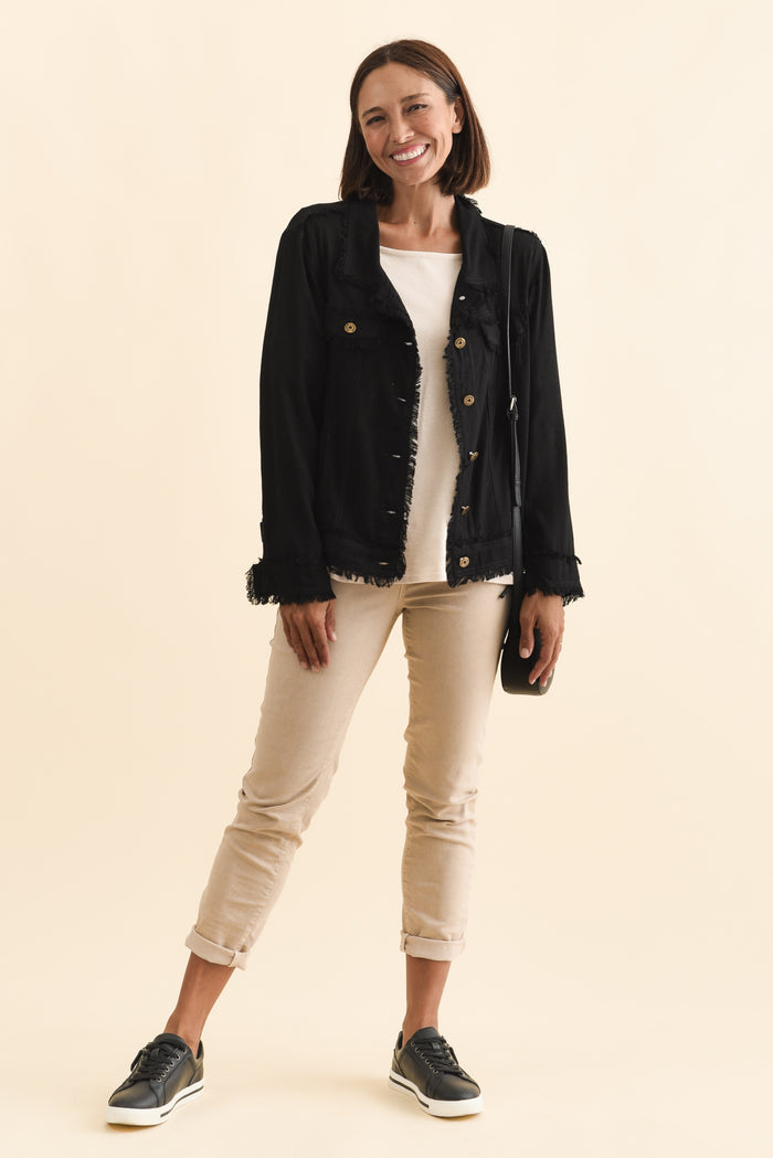 Oakley Black Linen Frayed Jacket,Brunette model,alt text|model:Cara