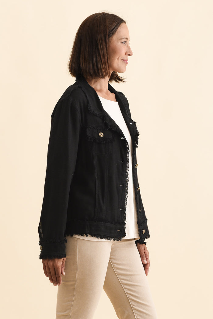 Oakley Black Linen Frayed Jacket,Brunette model,alt text|model:Cara