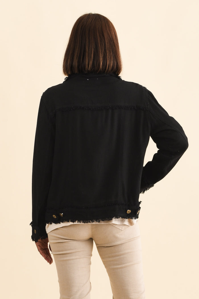 Oakley Black Linen Frayed Jacket,Brunette model,alt text|model:Cara