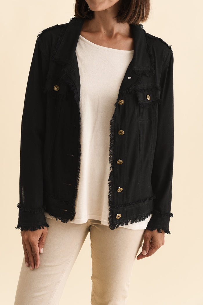 Oakley Black Linen Frayed Jacket,Brunette model,alt text|model:Cara