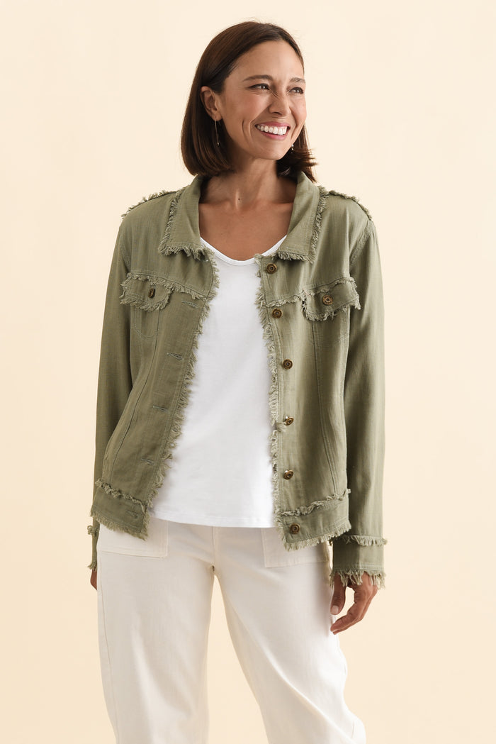 Oakley Khaki Linen Frayed Jacket,Brunette model,alt text|model:Cara