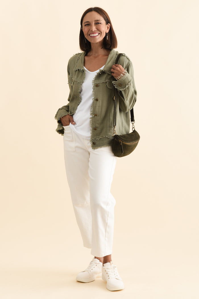 Oakley Khaki Linen Frayed Jacket,Brunette model,alt text|model:Cara