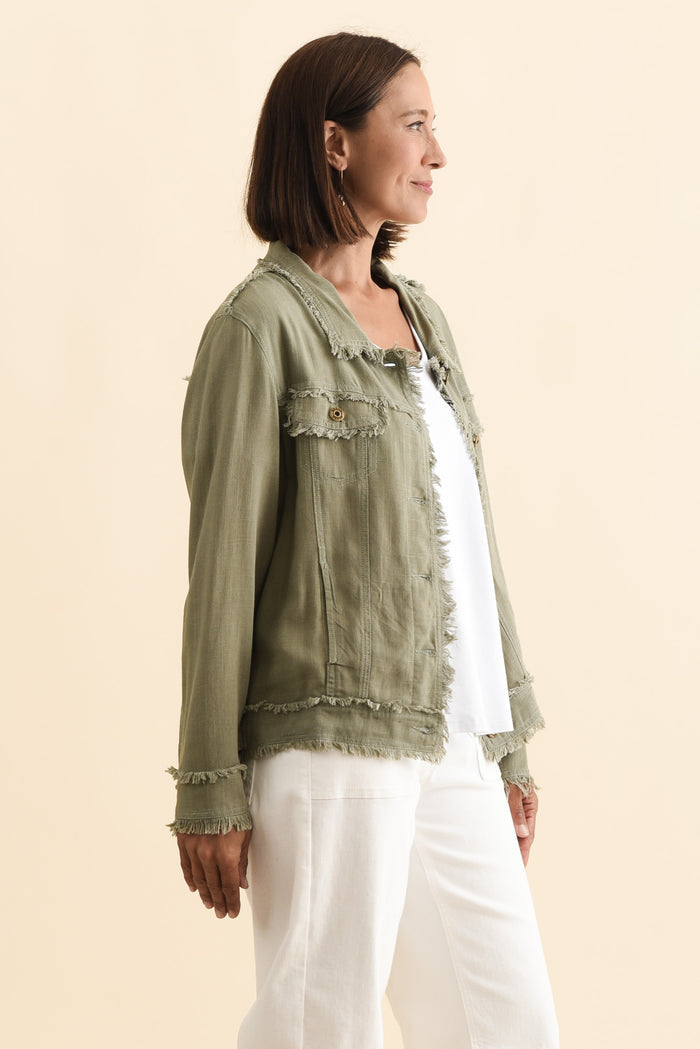 Oakley Khaki Linen Frayed Jacket,Brunette model,alt text|model:Cara