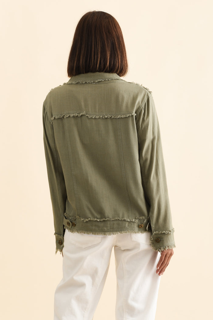 Oakley Khaki Linen Frayed Jacket,Brunette model,alt text|model:Cara