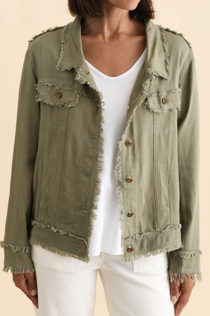 Oakley Khaki Linen Frayed Jacket,Brunette model,alt text|model:Cara