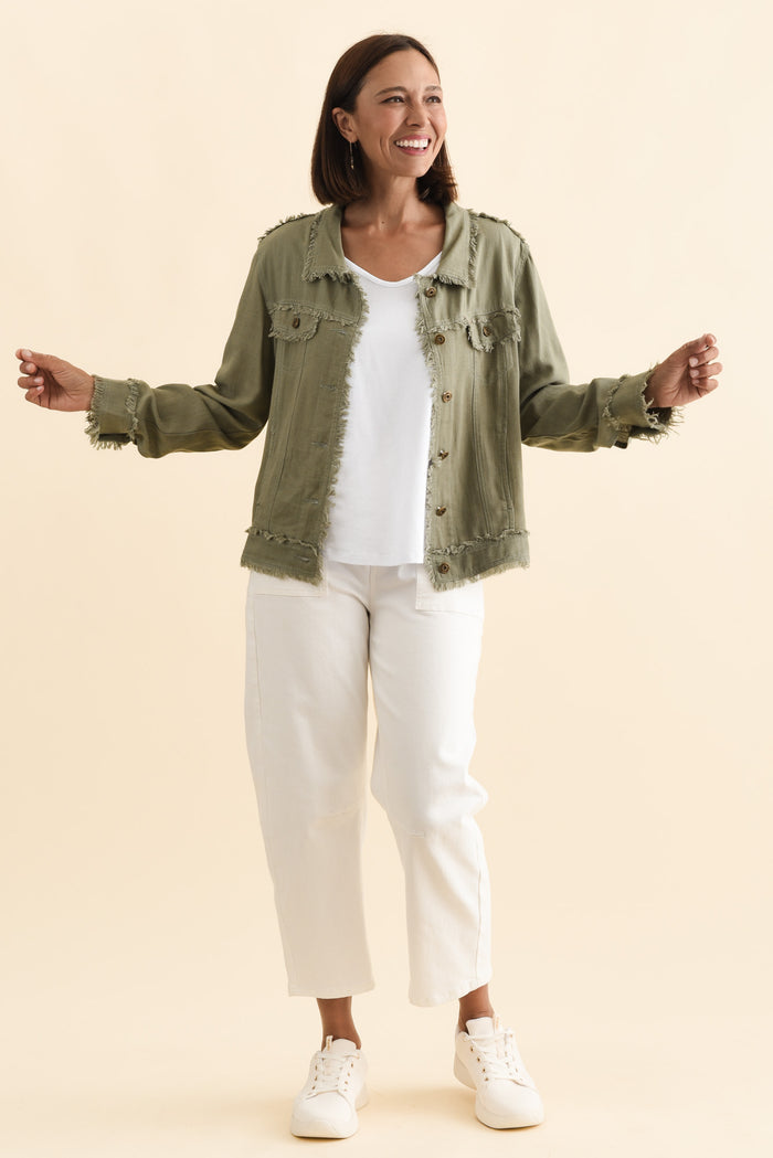 Oakley Khaki Linen Frayed Jacket,Brunette model,alt text|model:Cara