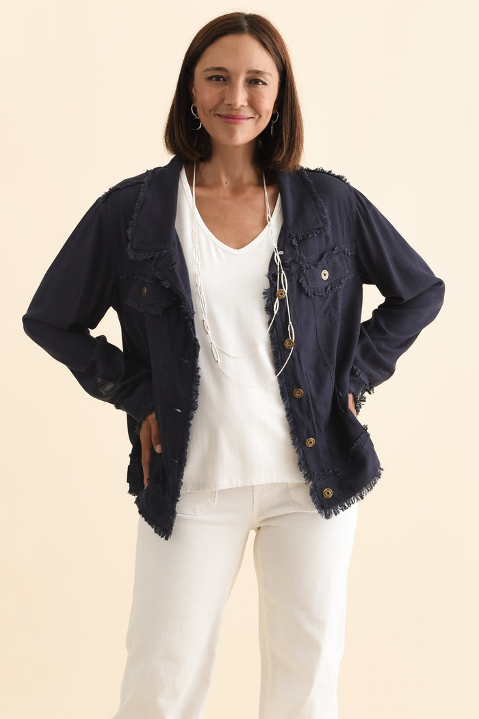 Oakley Navy Linen Frayed Jacket,Brunette model,alt text|model:Cara