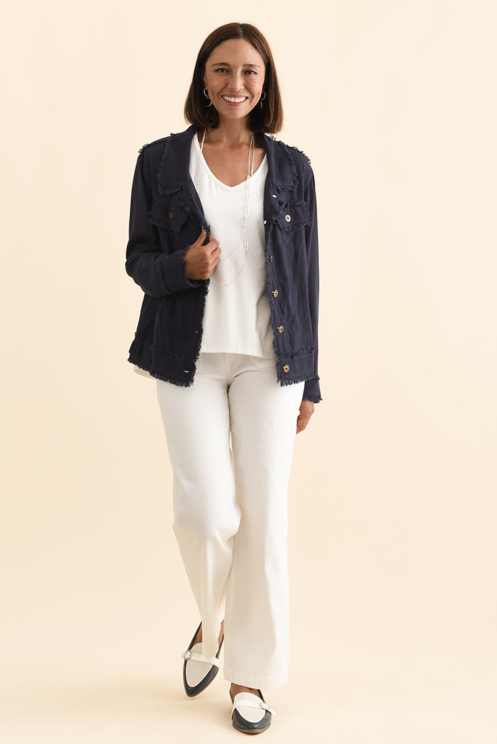 Oakley Navy Linen Frayed Jacket,Brunette model,alt text|model:Cara