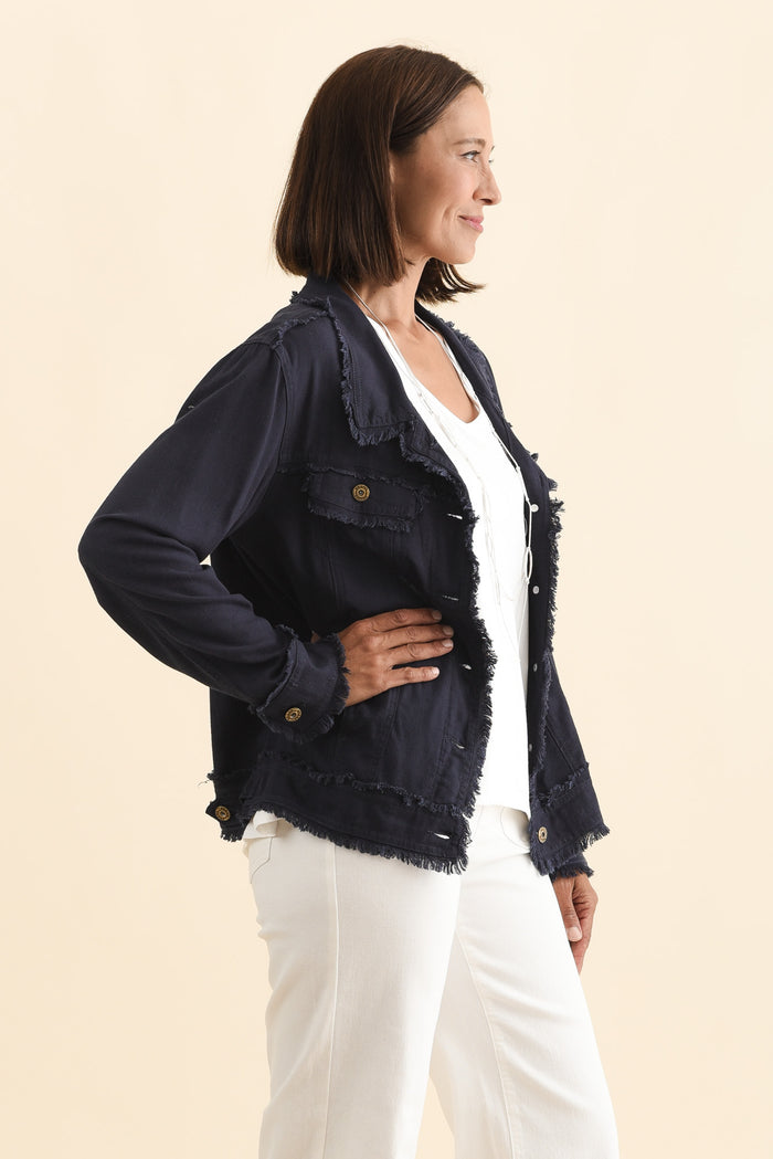 Oakley Navy Linen Frayed Jacket,Brunette model,alt text|model:Cara