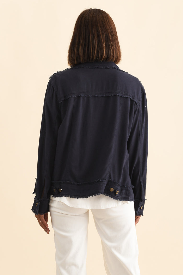 Oakley Navy Linen Frayed Jacket,Brunette model,alt text|model:Cara