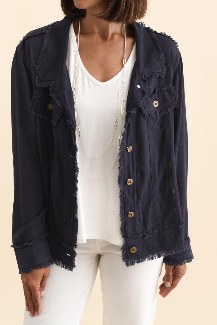 Oakley Navy Linen Frayed Jacket,Brunette model,alt text|model:Cara
