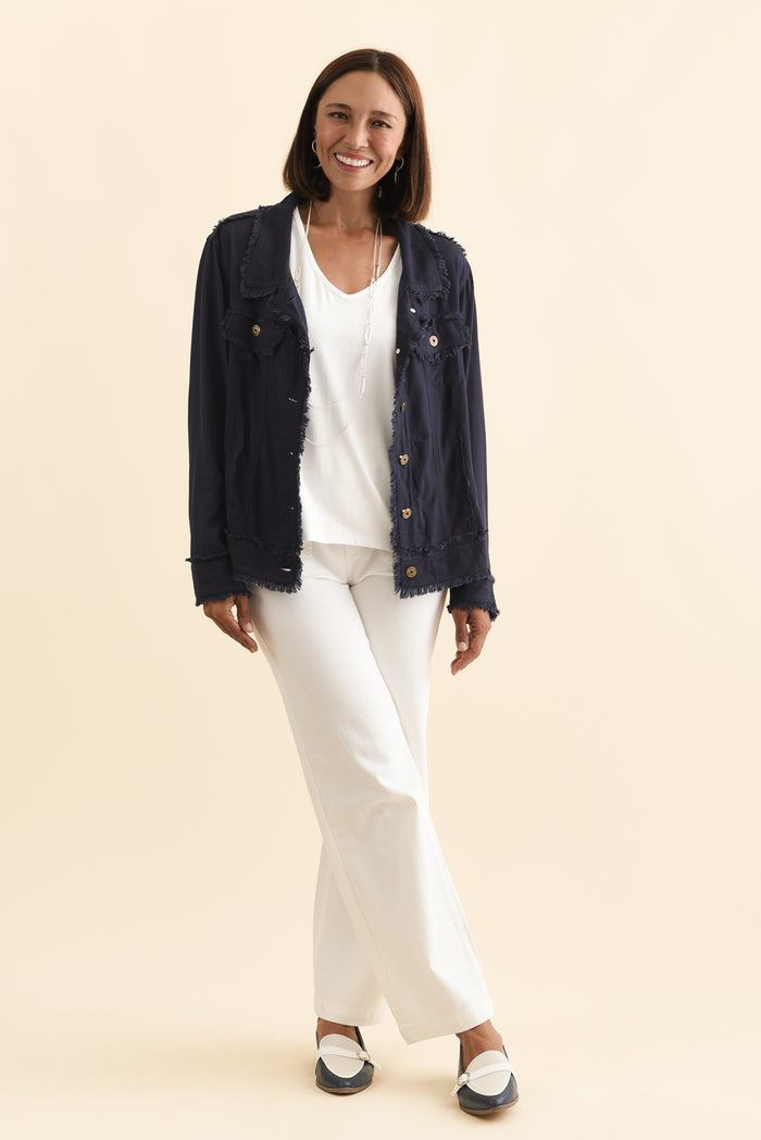 Oakley Navy Linen Frayed Jacket,Brunette model,alt text|model:Cara