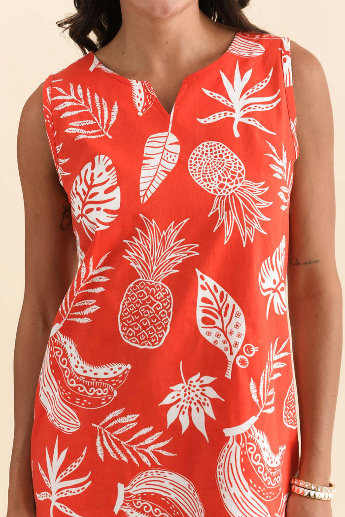 Odell Red Tropical Cotton Pocket Dress,Brunette model,alt text|model:Brontie