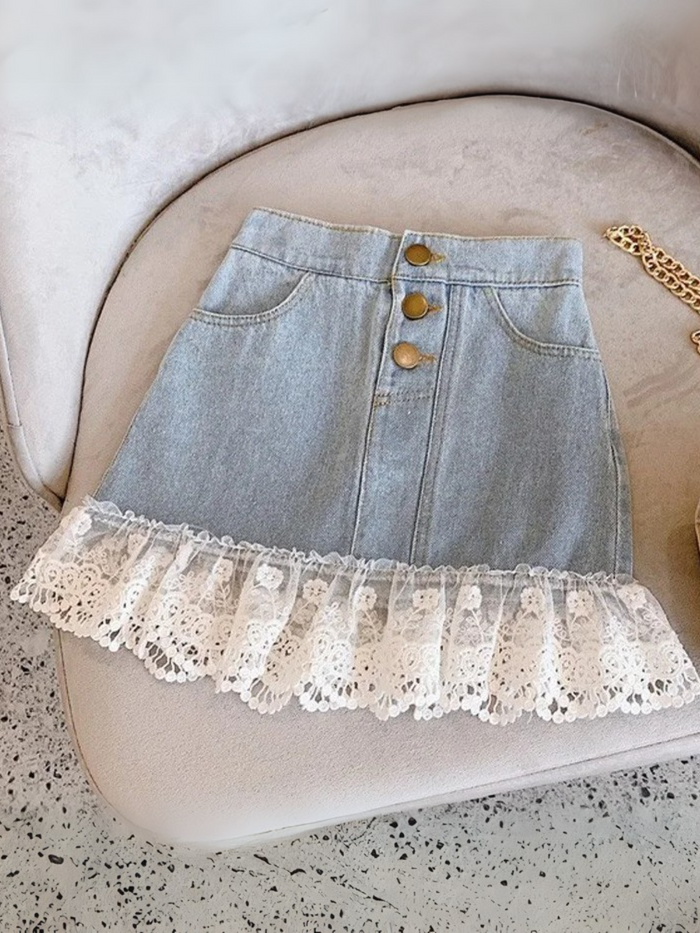 Off To Shop Lace Trim Denim Skirt Mia Belle Girls