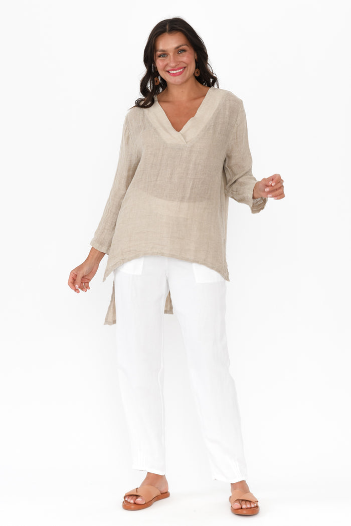 Ofi Natural Linen Tunic Top,Brunette model,alt text|model:Brontie