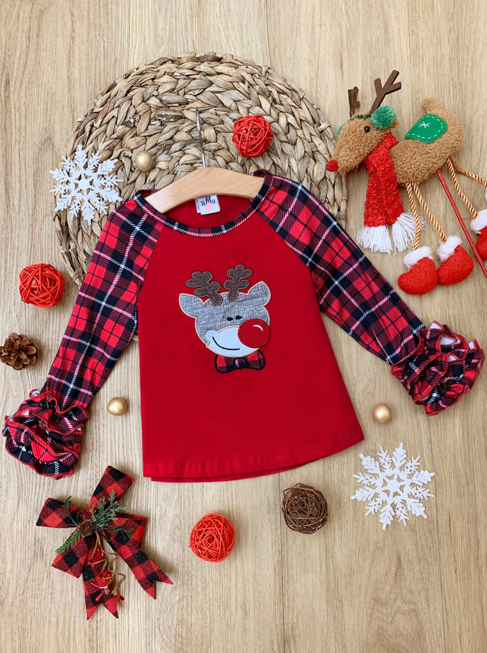 Cute Winter Tops | Girls Felt Reindeer Plaid Ruffle Cuff Raglan Top