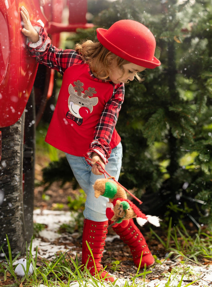 Cute Winter Tops | Girls Felt Reindeer Plaid Ruffle Cuff Raglan Top