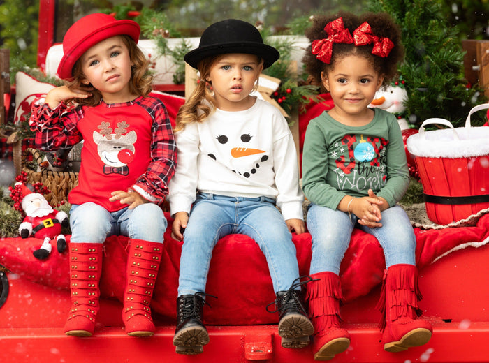 Cute Winter Tops | Girls Felt Reindeer Plaid Ruffle Cuff Raglan Top
