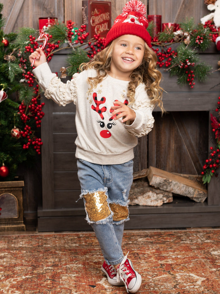 Cute Winter Sets | Reindeer Ruffle Sweatshirt & Sequin Patch Jeans Set