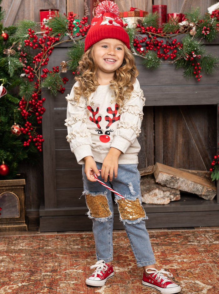 Cute Winter Sets | Reindeer Ruffle Sweatshirt & Sequin Patch Jeans Set